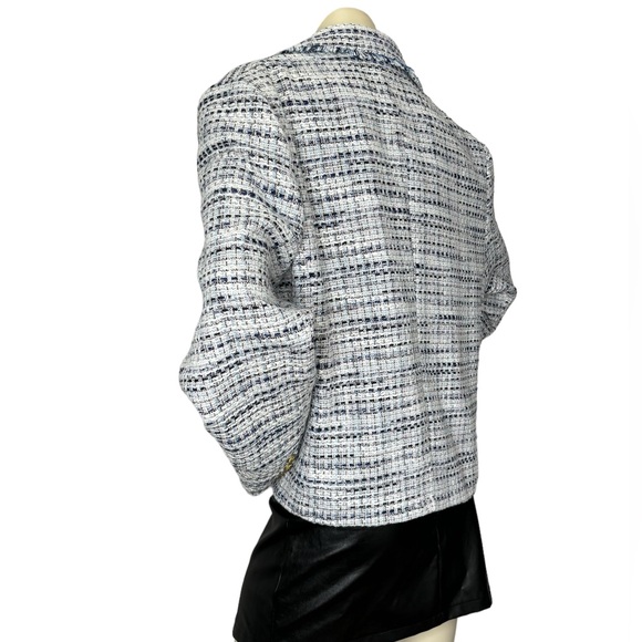 MINA SELF White & Blue Tweed Plaid w/Gold Ornate Buttons & Filly Trim Blazer, 2X - Picture 7 of 16